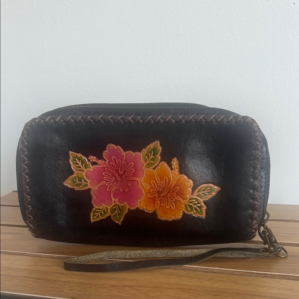 Floral Black Leather Wristlet